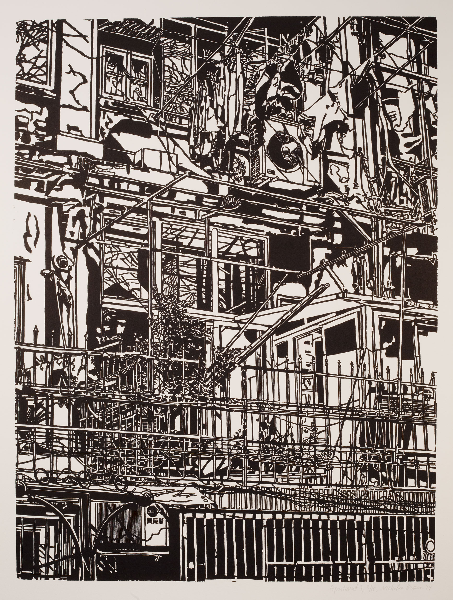 Apartment 9, a black and white linoleum block
print of an apartment building in Shanghai by artist Nicholas Brown.