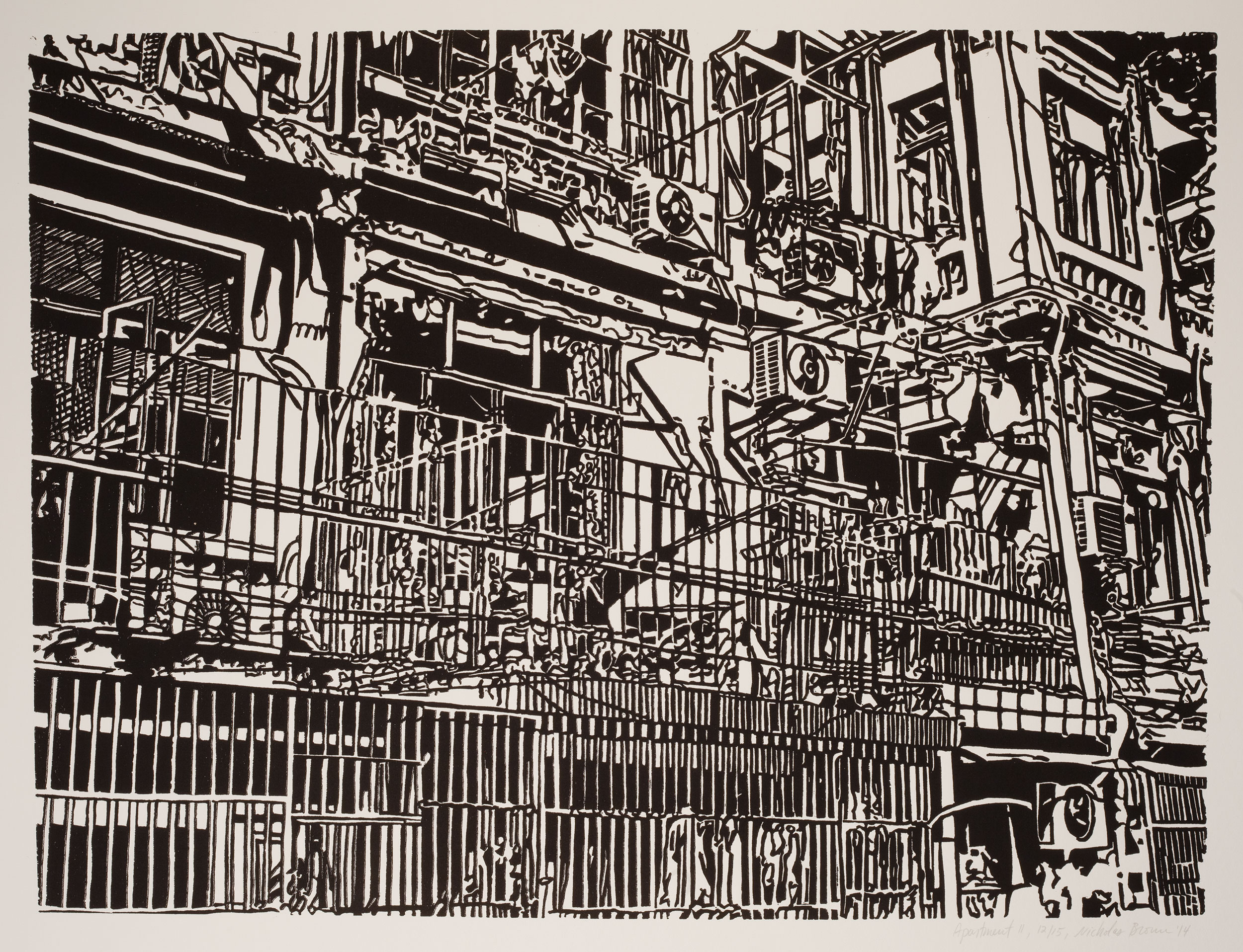 Apartment 11, a black and white linoleum block
print of an apartment building in Shanghai by artist Nicholas Brown.