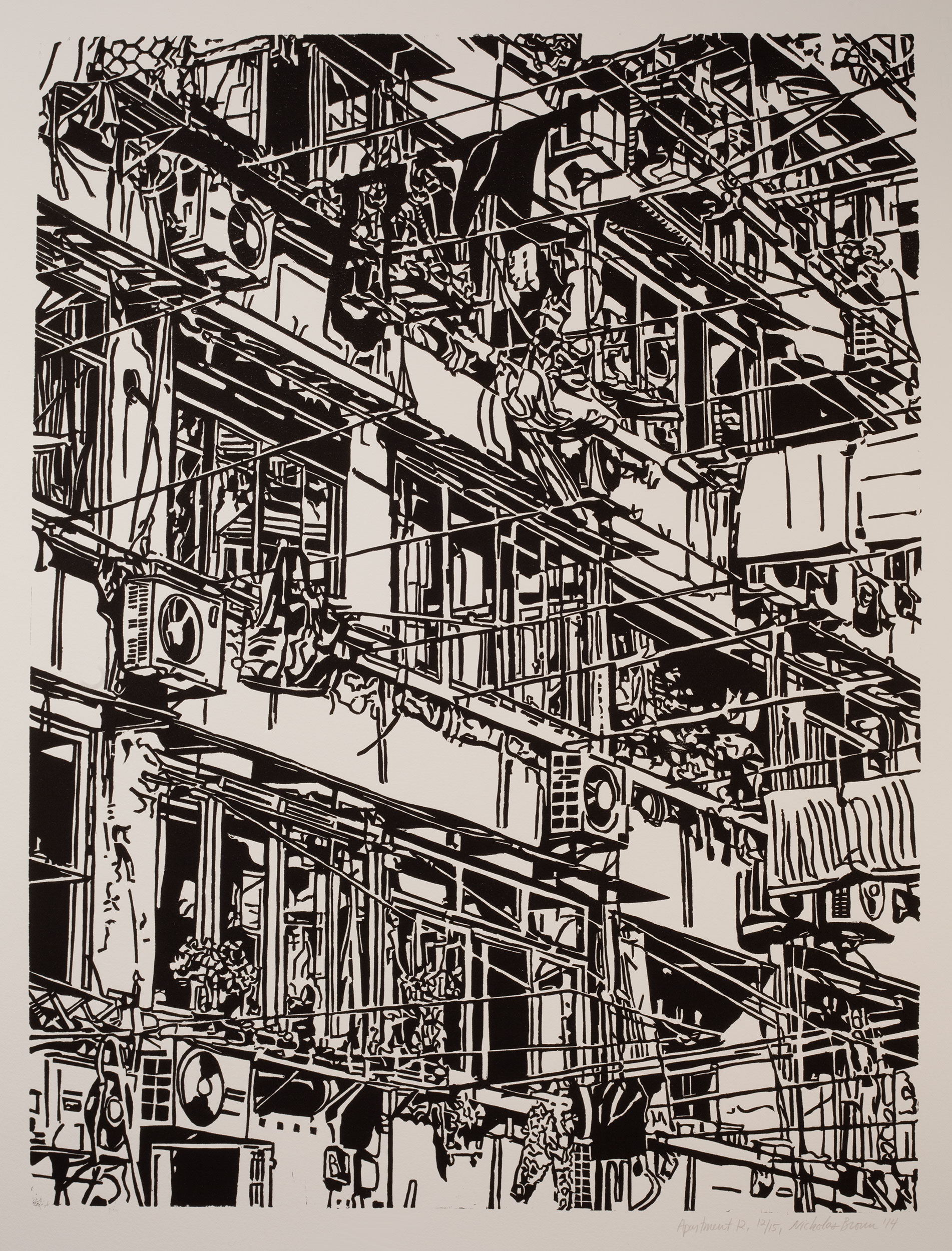 Apartment 12, a black and white linoleum block
print of an apartment building in Shanghai by artist Nicholas Brown.