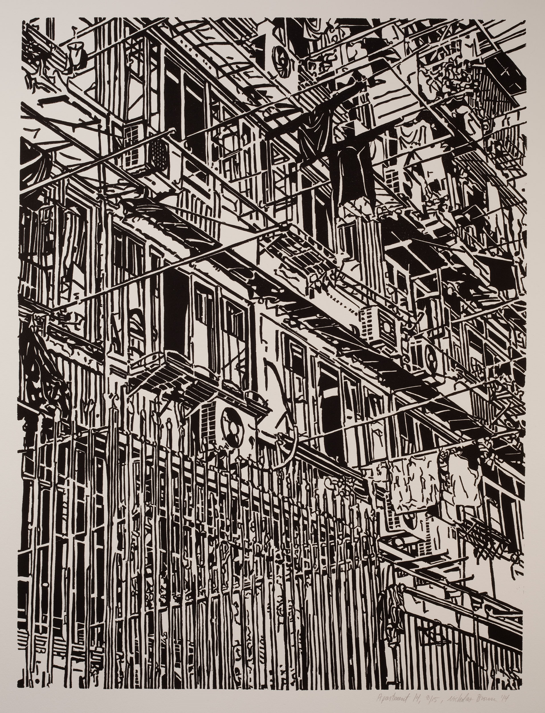 Apartment 14, a black and white linoleum block
print of an apartment building in Shanghai by artist Nicholas Brown.