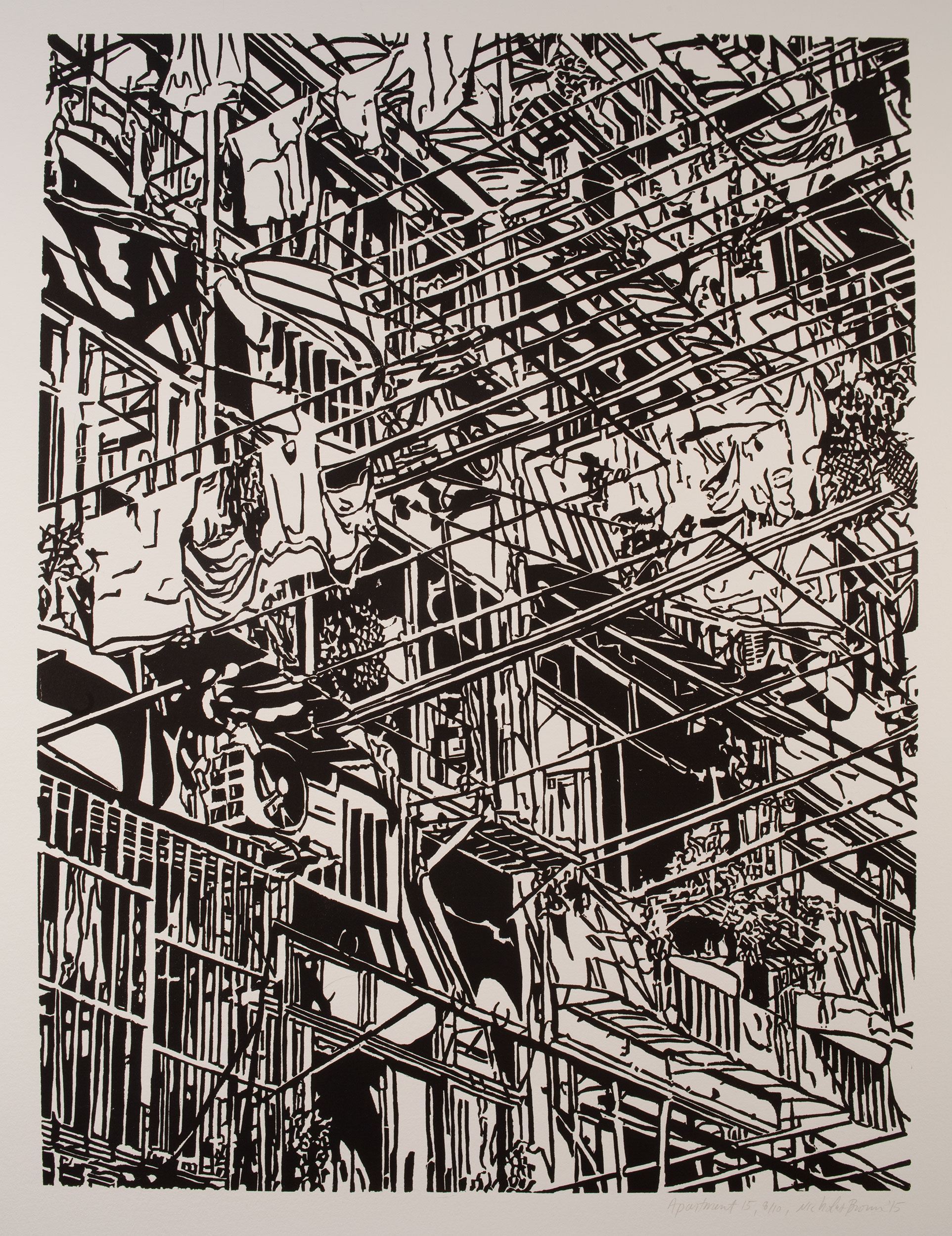 Apartment 15, a black and white linoleum block
print of an apartment building in Shanghai by artist Nicholas Brown.