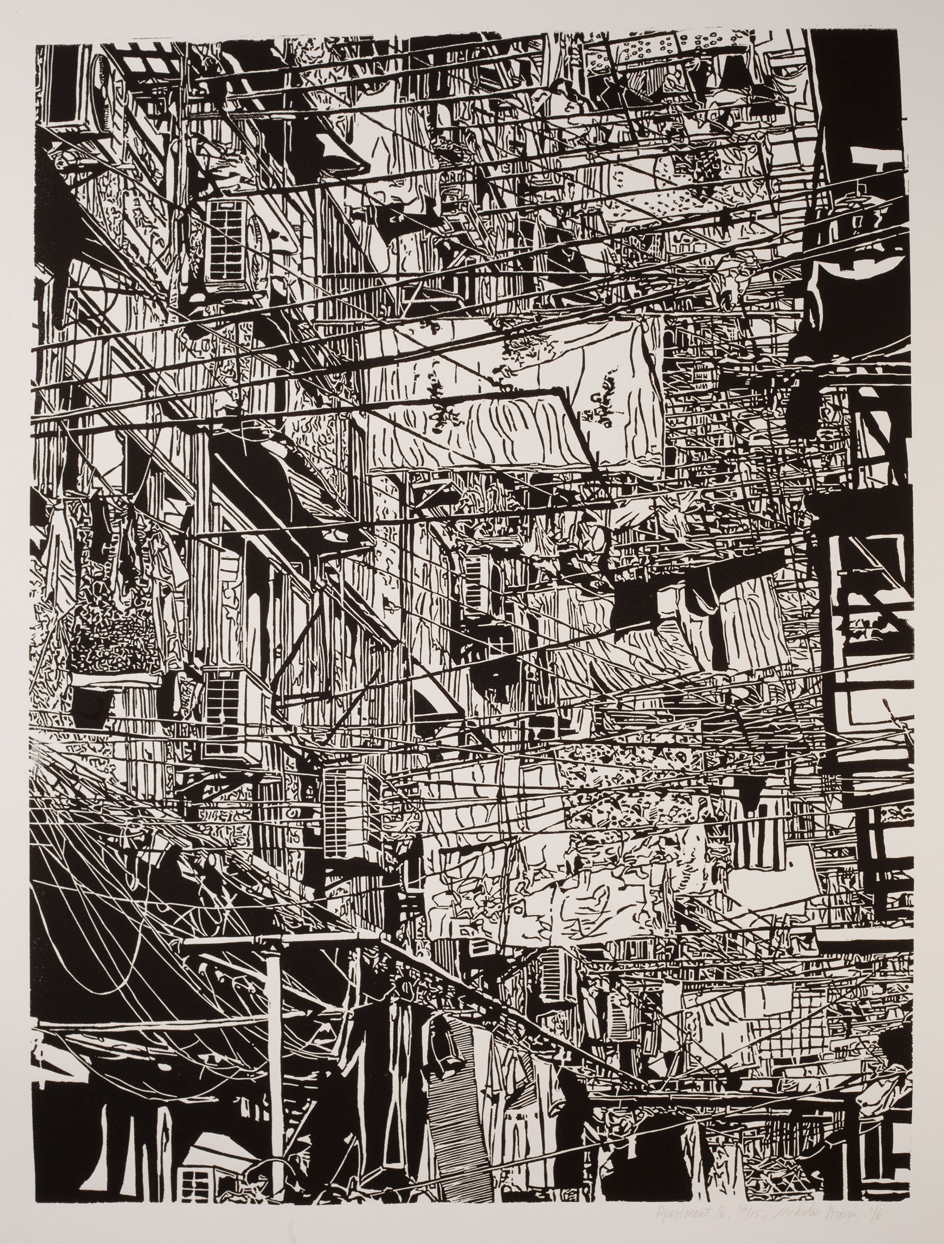 Apartment 16, a black and white linoleum block
print of an apartment building in Shanghai by artist Nicholas Brown.