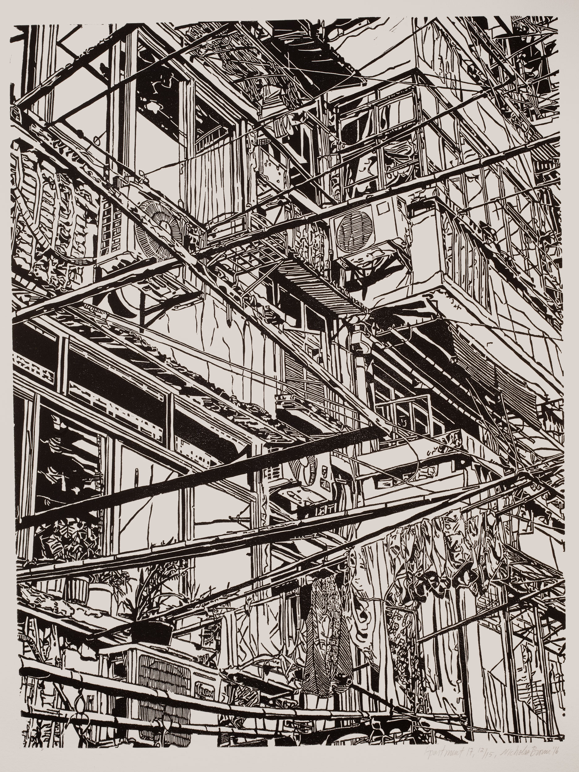 Apartment 17, a black and white linoleum block
print of an apartment building in Shanghai by artist Nicholas Brown.