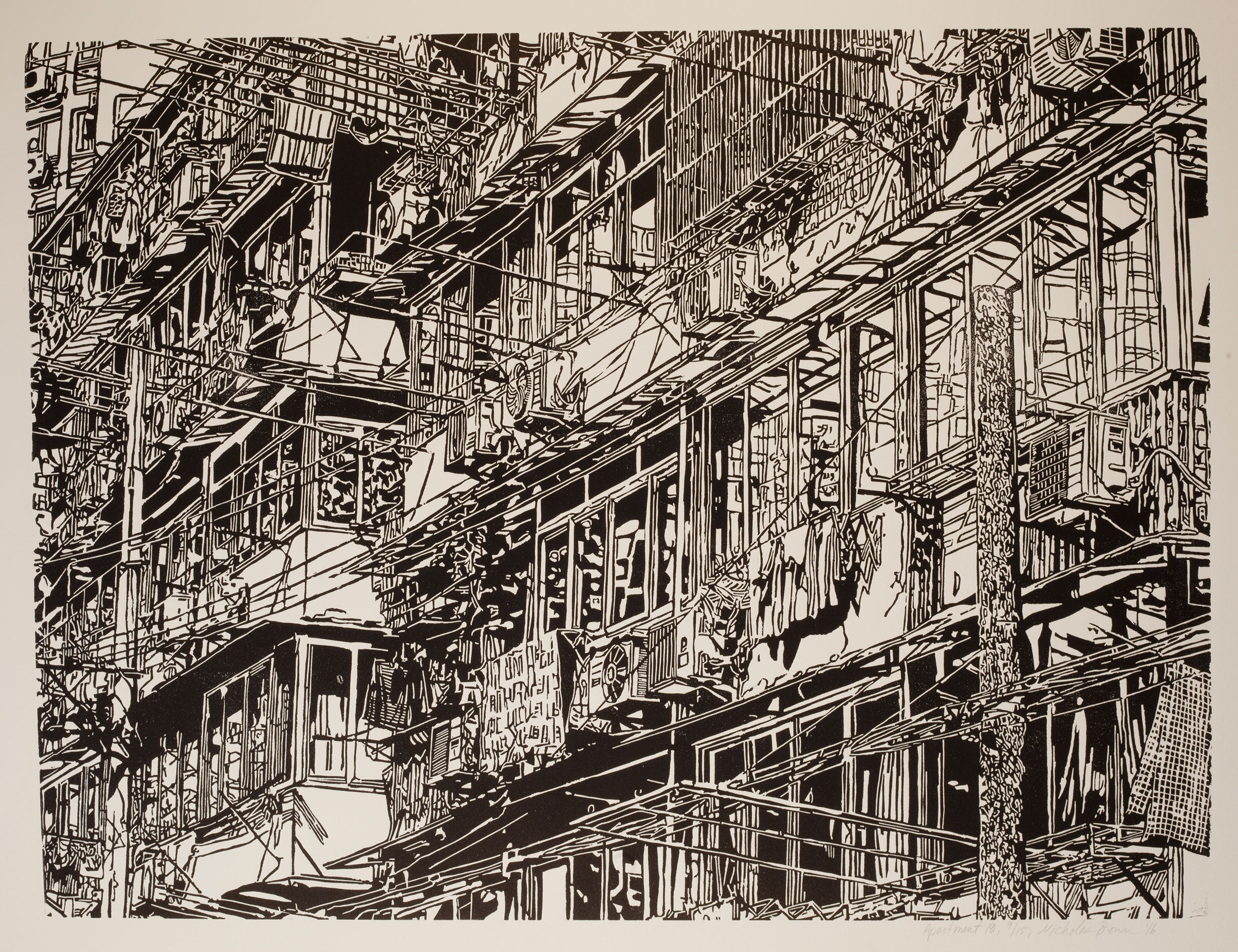 Apartment 18, a black and white linoleum block
print of an apartment building in Shanghai by artist Nicholas Brown.