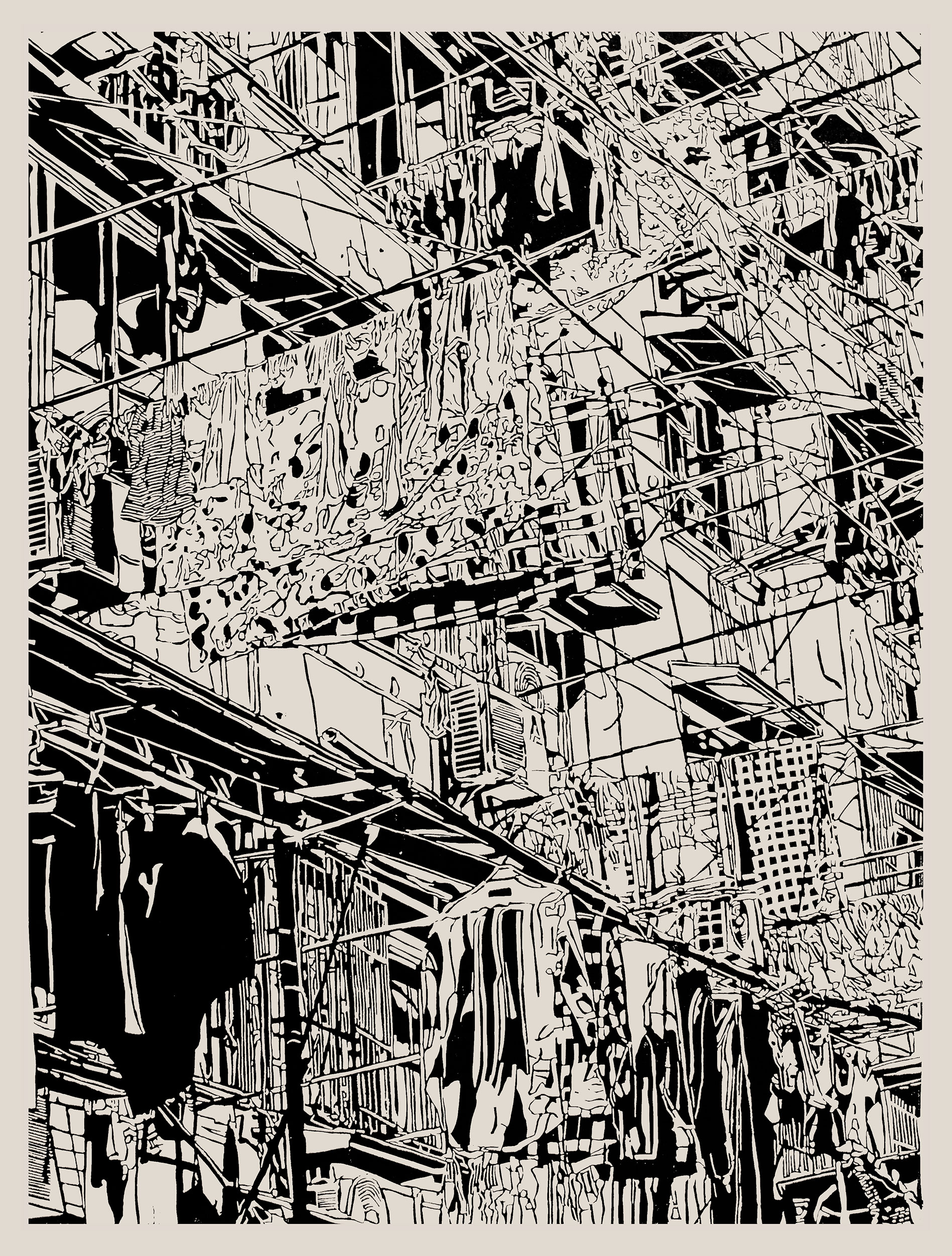 Apartment 20, a black and white linoleum block
print of an apartment building in Shanghai by artist Nicholas Brown.