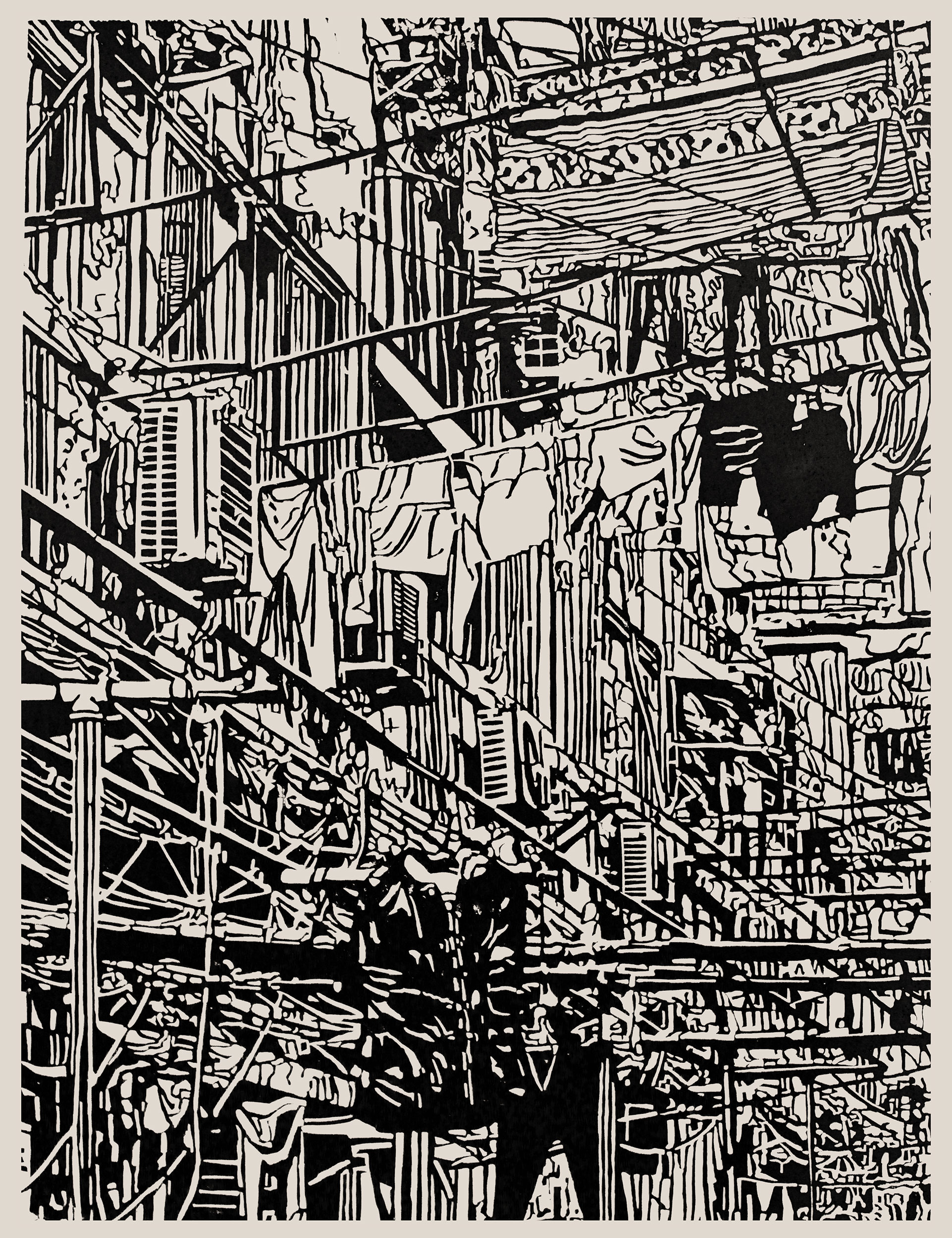 Apartment 21, a black and white linoleum block
print of an apartment building in Shanghai by artist Nicholas Brown.