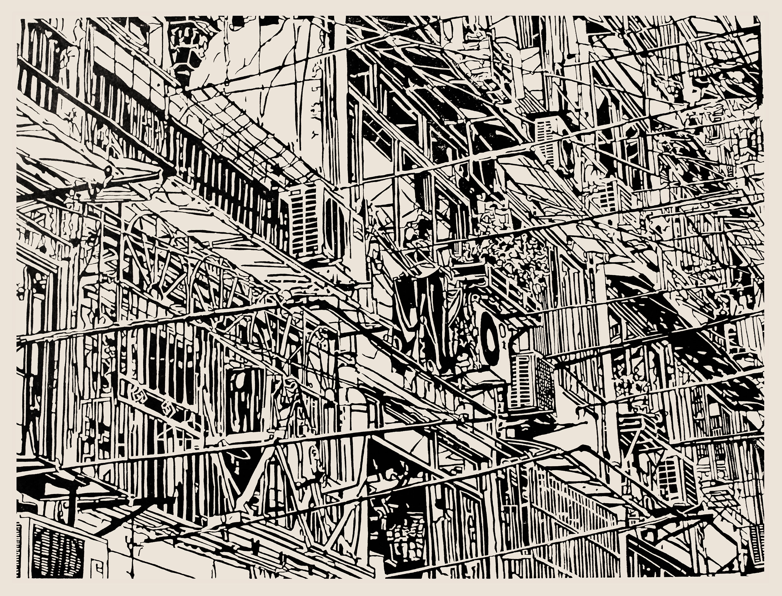 Apartment 22, a black and white linoleum block
print of an apartment building in Shanghai by artist Nicholas Brown.