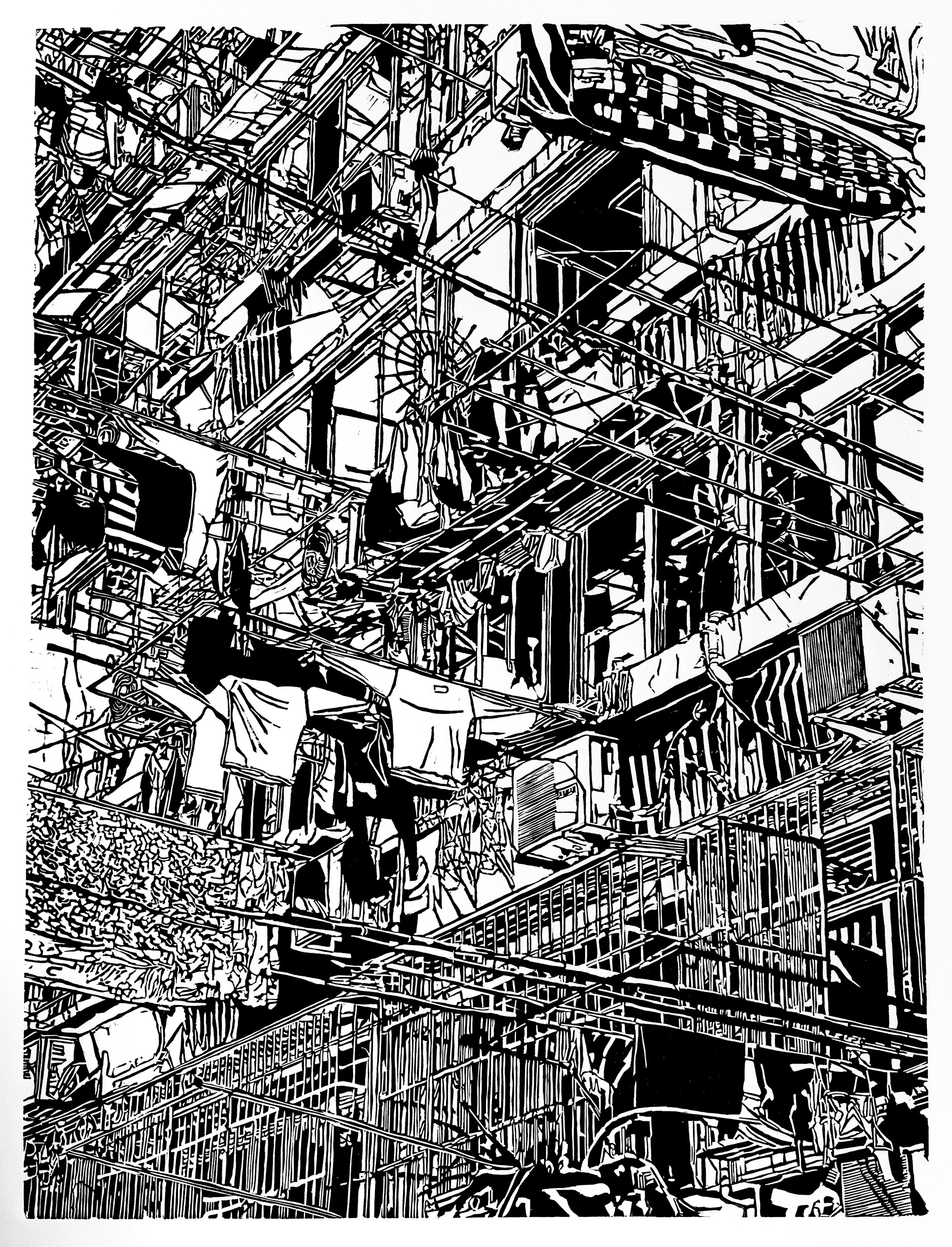 New Year at the Peace Hotel, a black and white linoleum block
print depicting the Peace Hotel and Swatch Art Hotel on the Bund in Shanghai by artist Nicholas Brown.