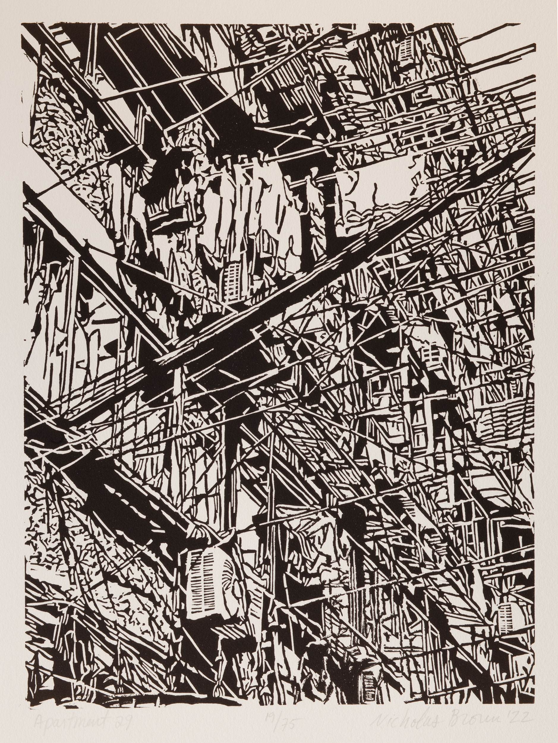 Apartment 29, a black and white linoleum block
print of an apartment building in Shanghai by artist Nicholas Brown.