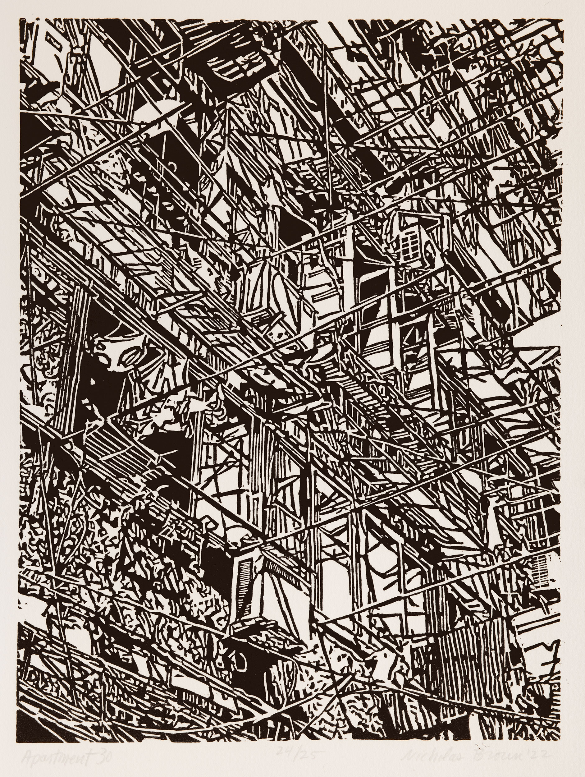 Apartment 30, a black and white linoleum block
print of an apartment building in Shanghai by artist Nicholas Brown.