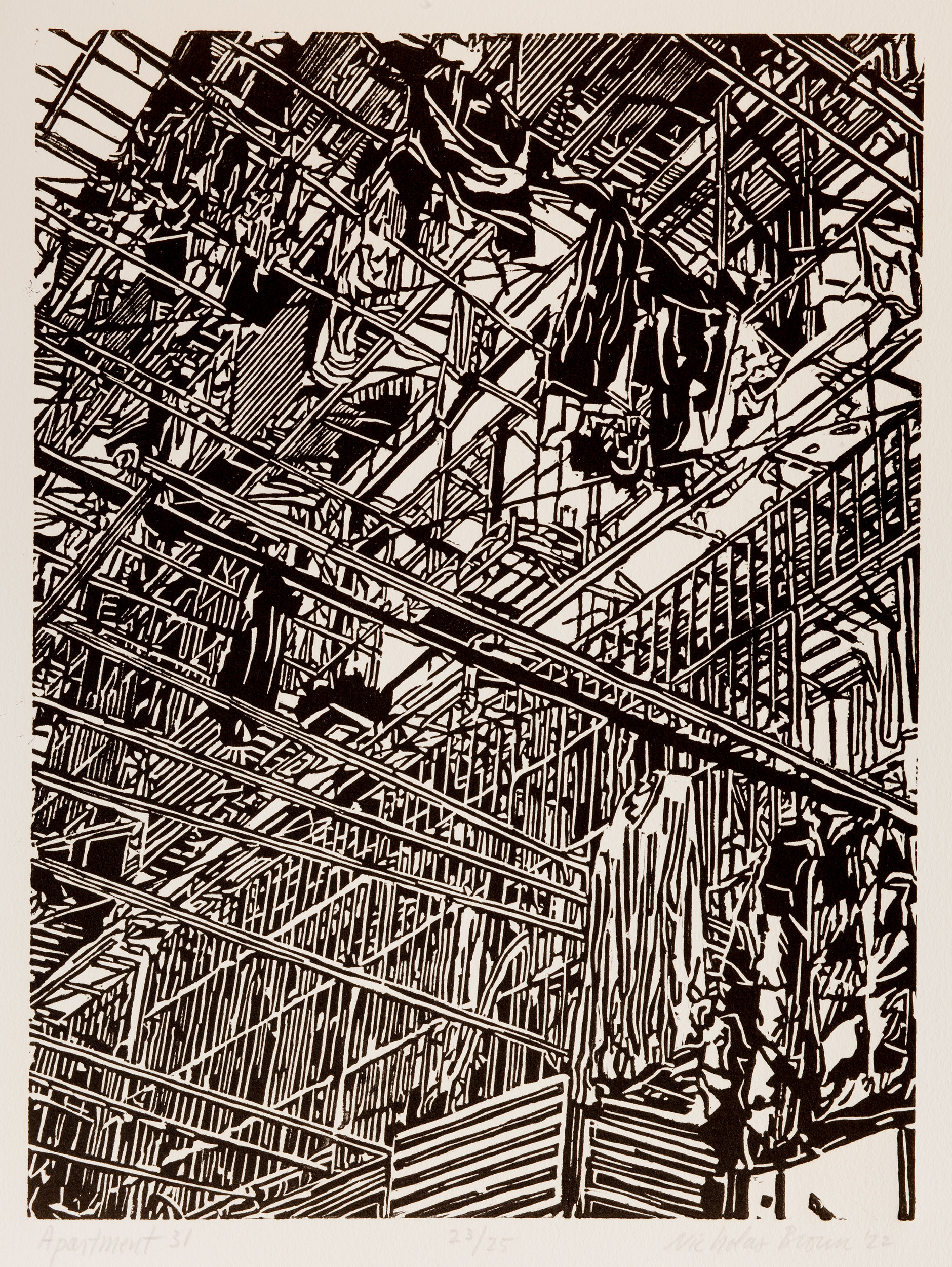 Apartment 31, a black and white linoleum block
print of an apartment building in Shanghai by artist Nicholas Brown.