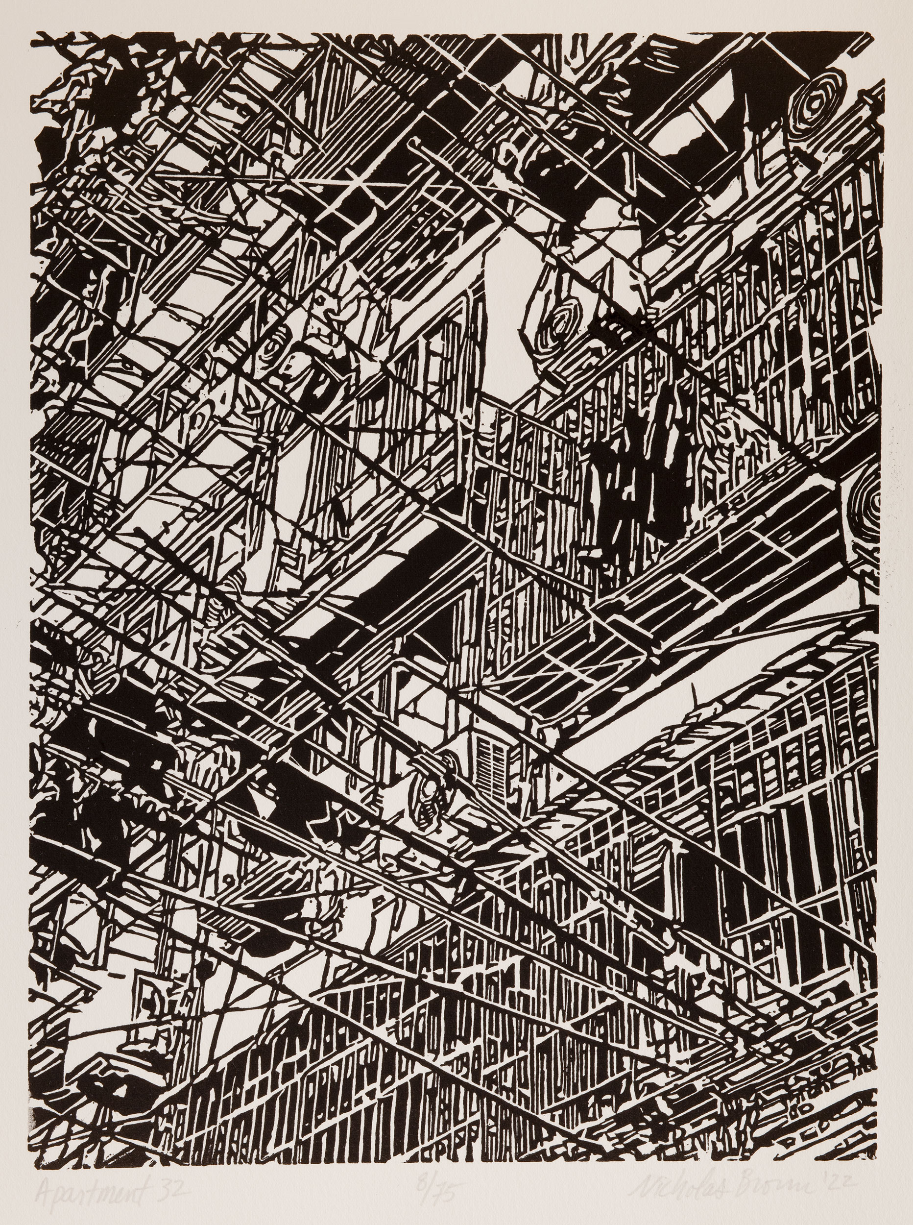 Apartment 32, a black and white linoleum block
print of an apartment building in Shanghai by artist Nicholas Brown.