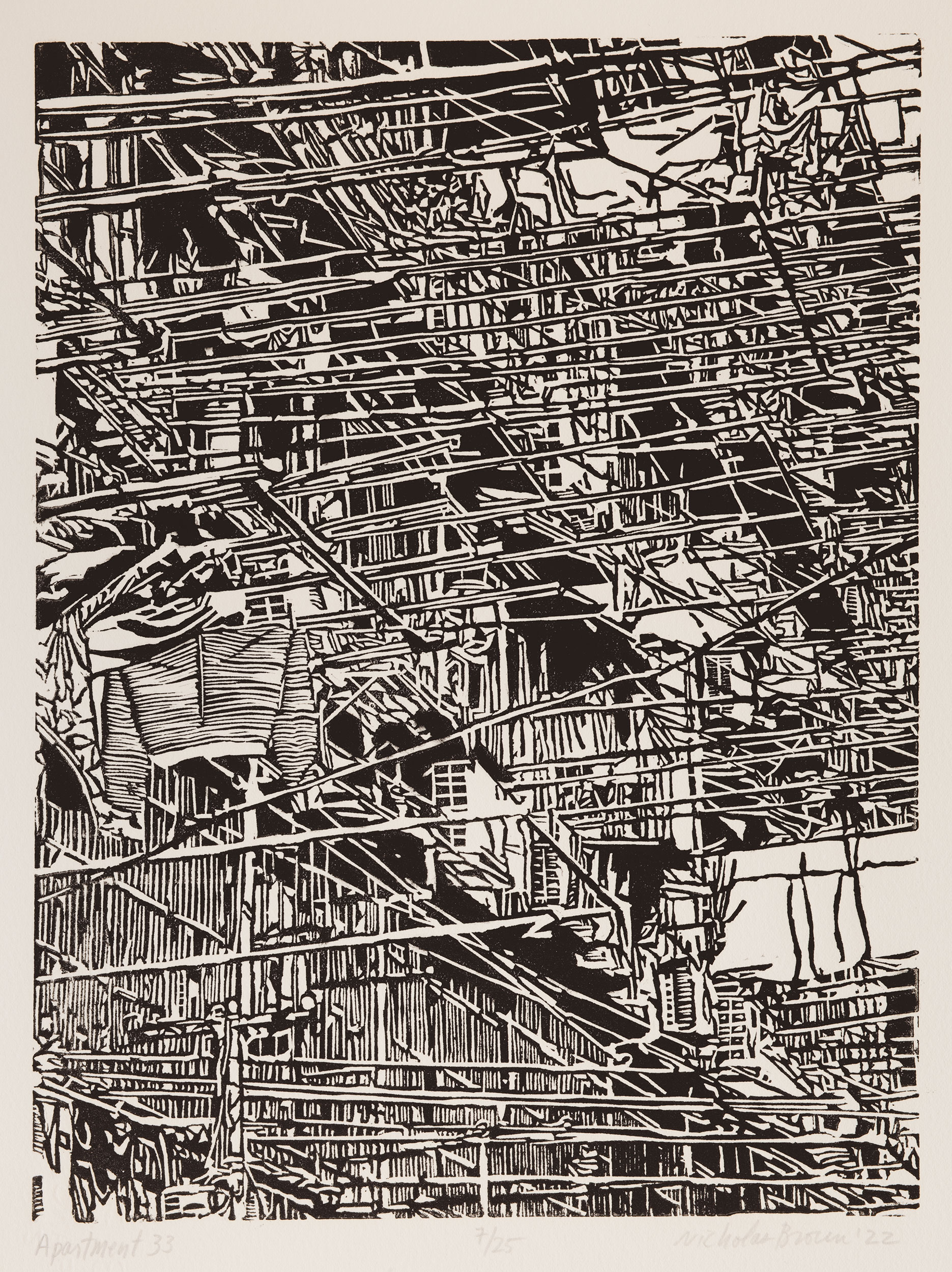 Apartment 33, a black and white linoleum block
print of an apartment building in Shanghai by artist Nicholas Brown.