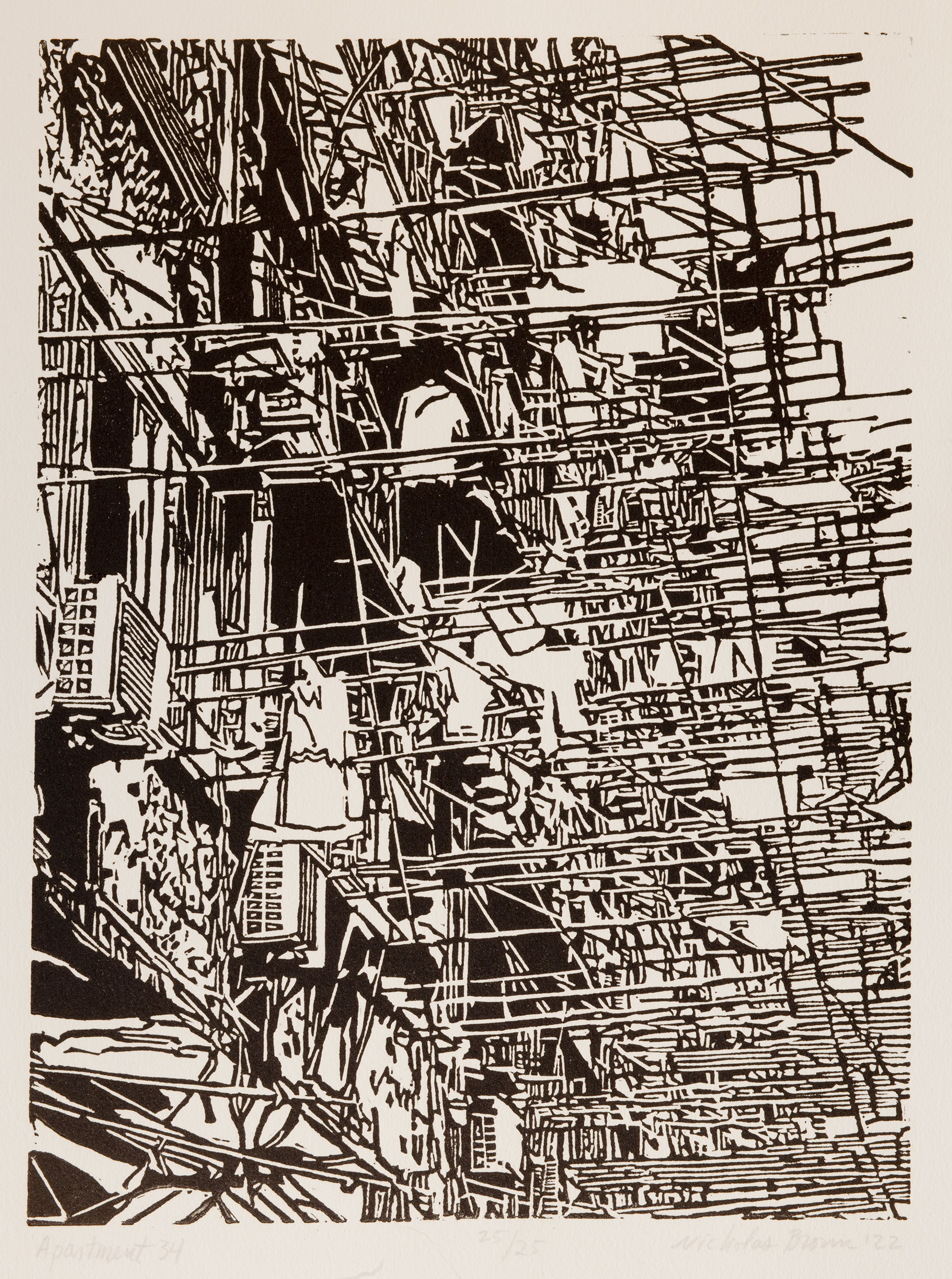 Apartment 34, a black and white linoleum block
print of an apartment building in Shanghai by artist Nicholas Brown.