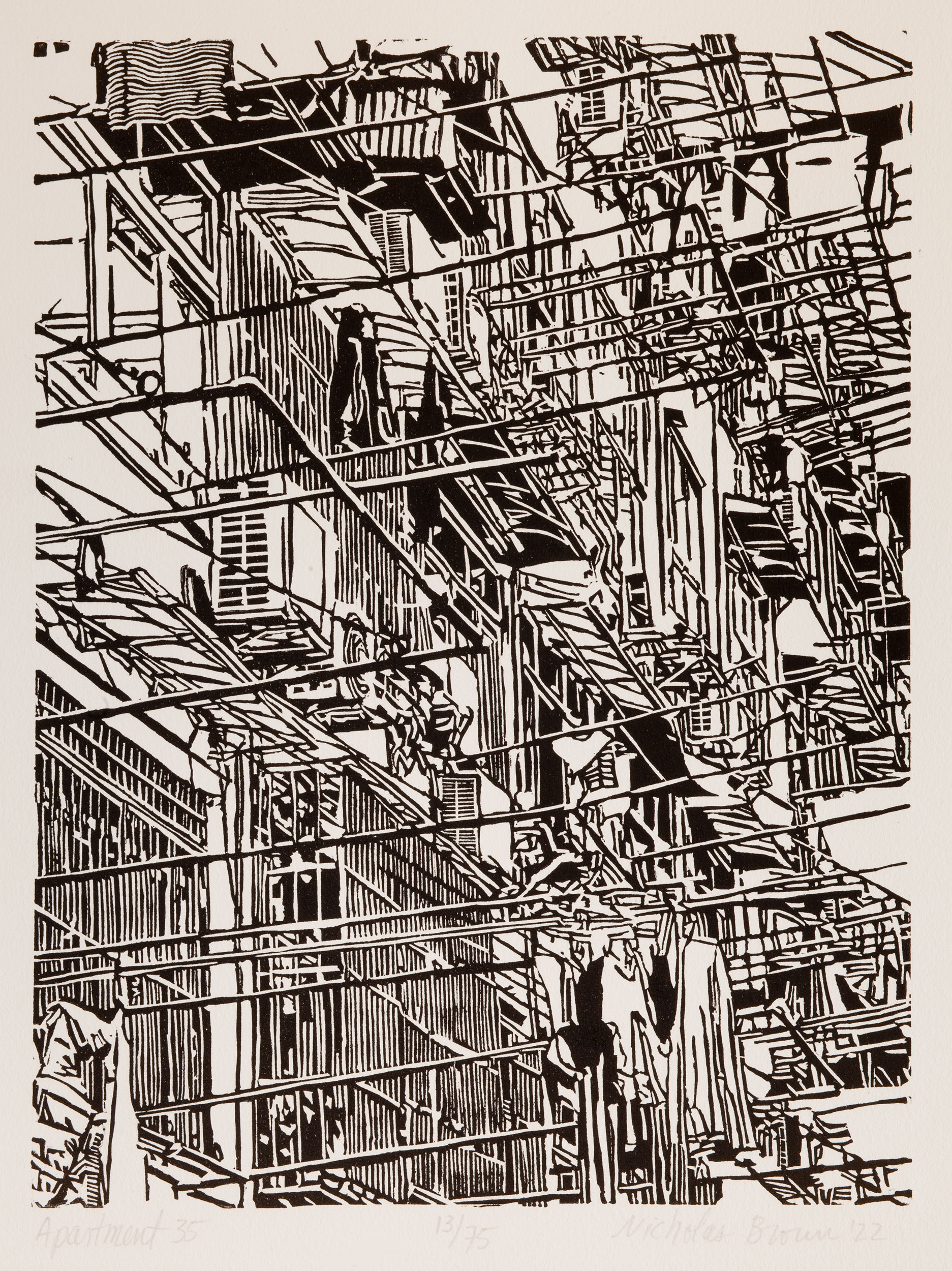 Apartment 35, a black and white linoleum block
print of an apartment building in Shanghai by artist Nicholas Brown.