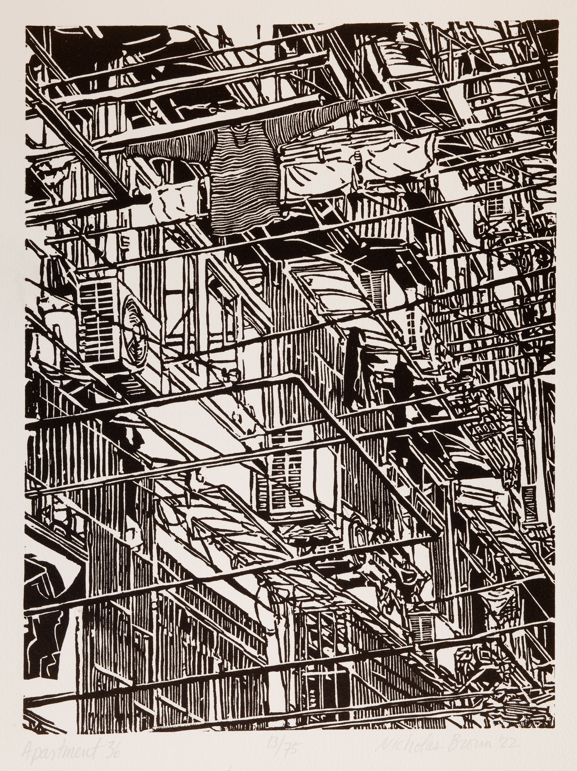 Apartment 36, a black and white linoleum block
print of an apartment building in Shanghai by artist Nicholas Brown.