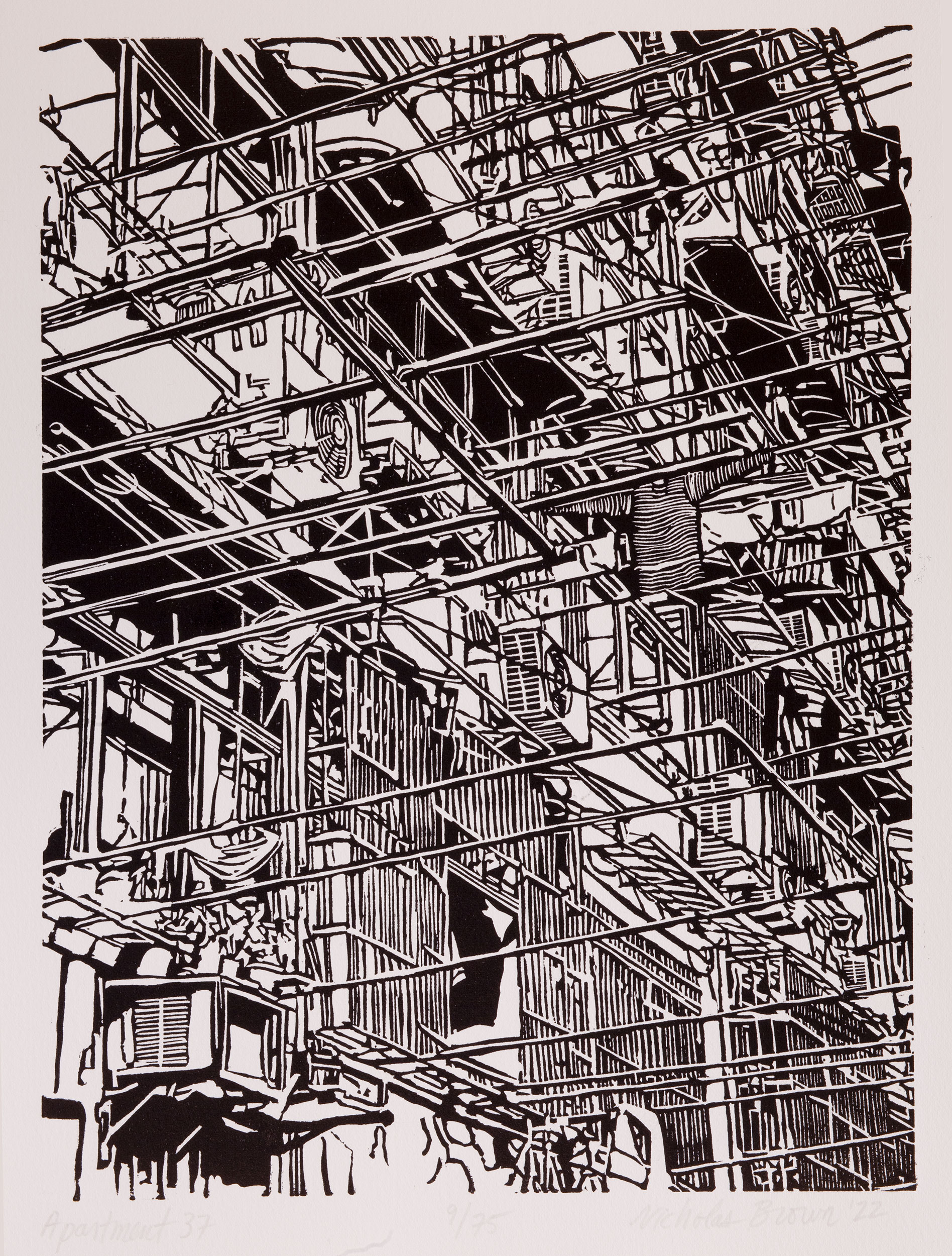 Apartment 37, a black and white linoleum block
print of an apartment building in Shanghai by artist Nicholas Brown.