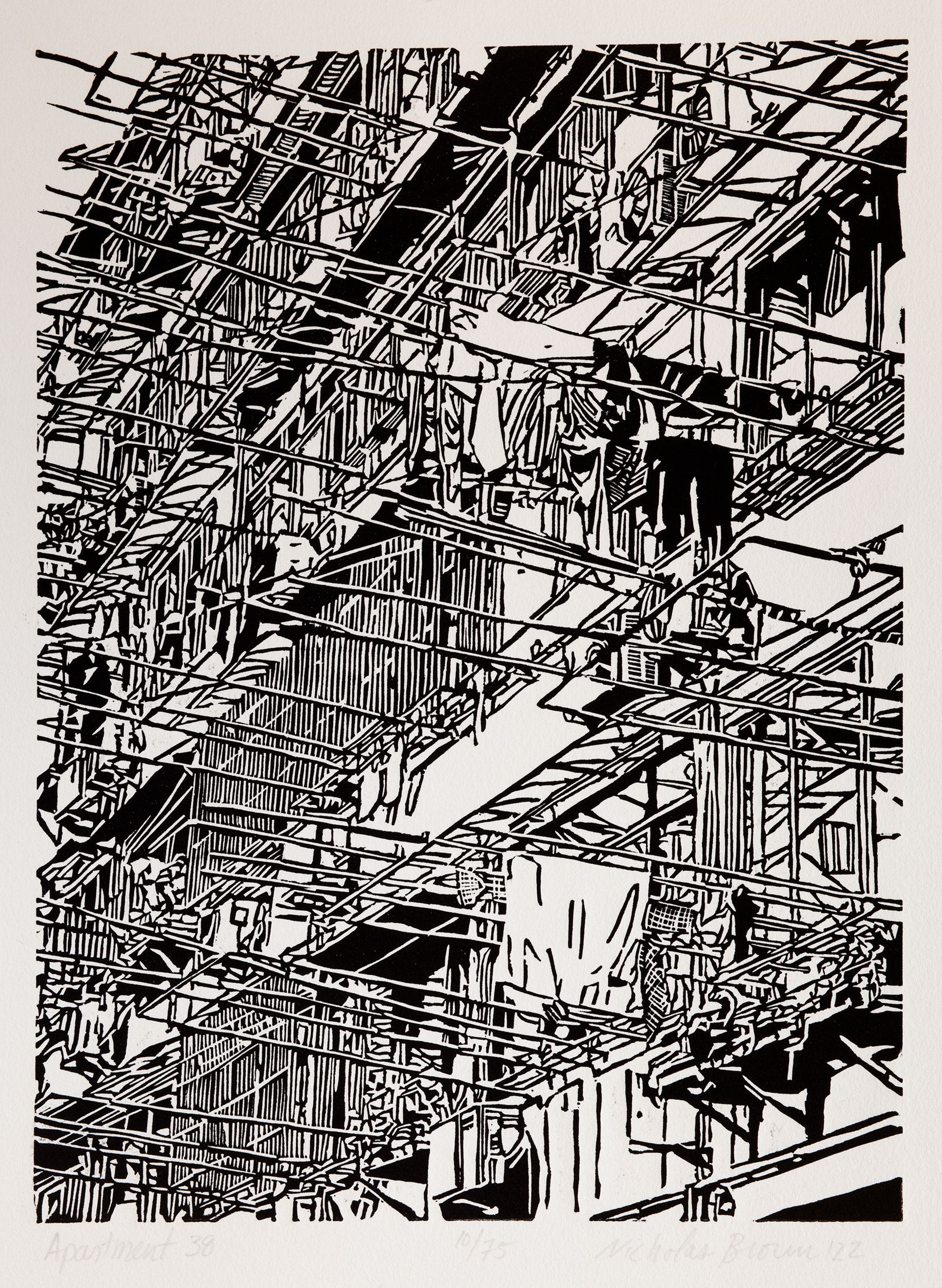 Apartment 38, a black and white linoleum block
print of an apartment building in Shanghai by artist Nicholas Brown.