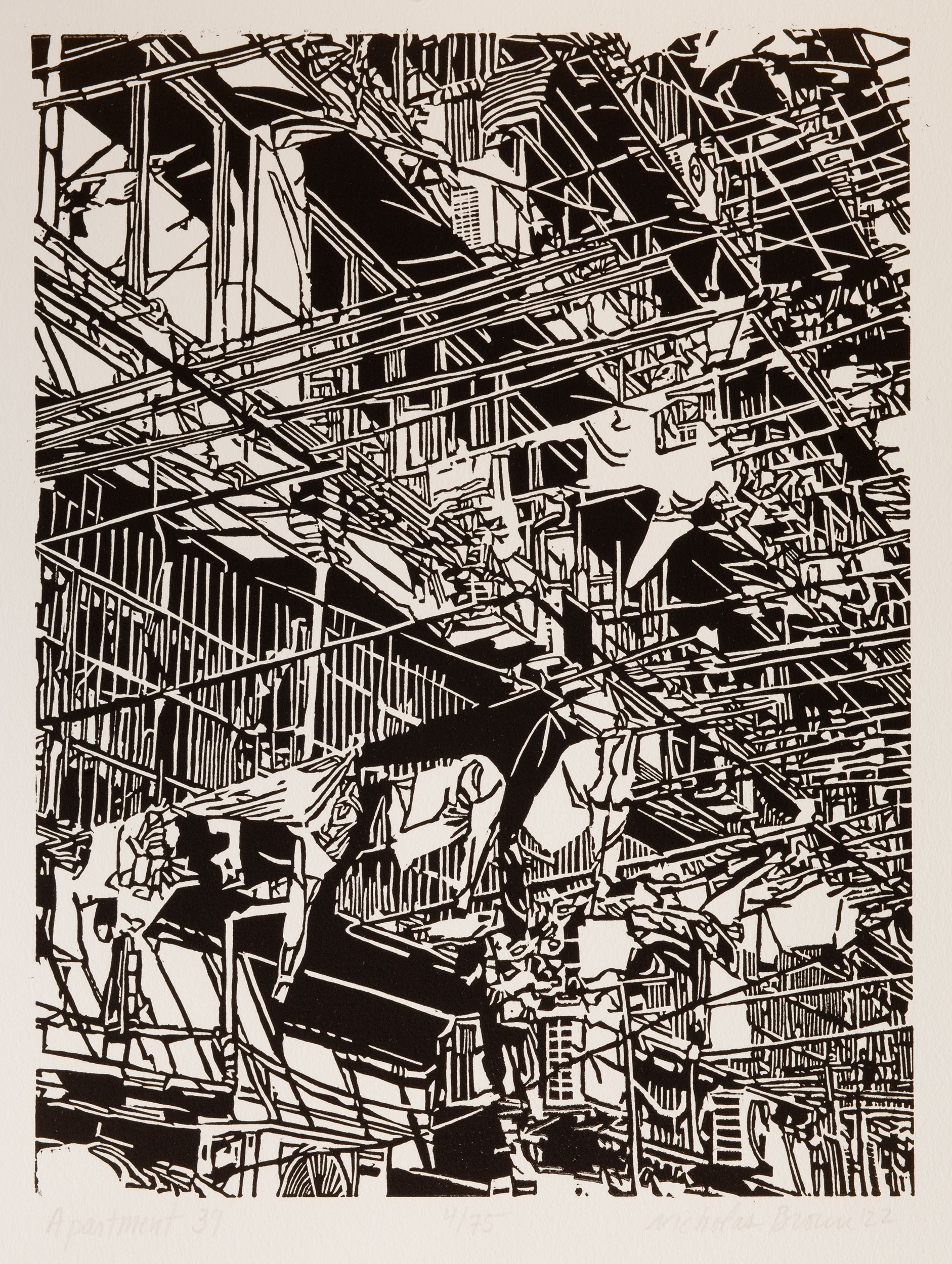 Apartment 39, a black and white linoleum block
print of an apartment building in Shanghai by artist Nicholas Brown.