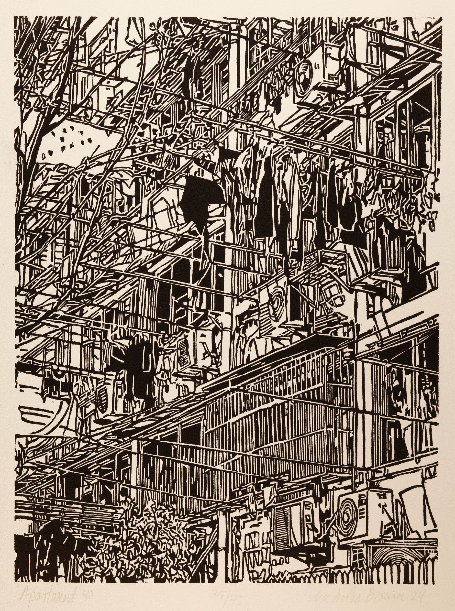 Apartment 40, a black and white linoleum block
print of an apartment building in Shanghai by artist Nicholas Brown.