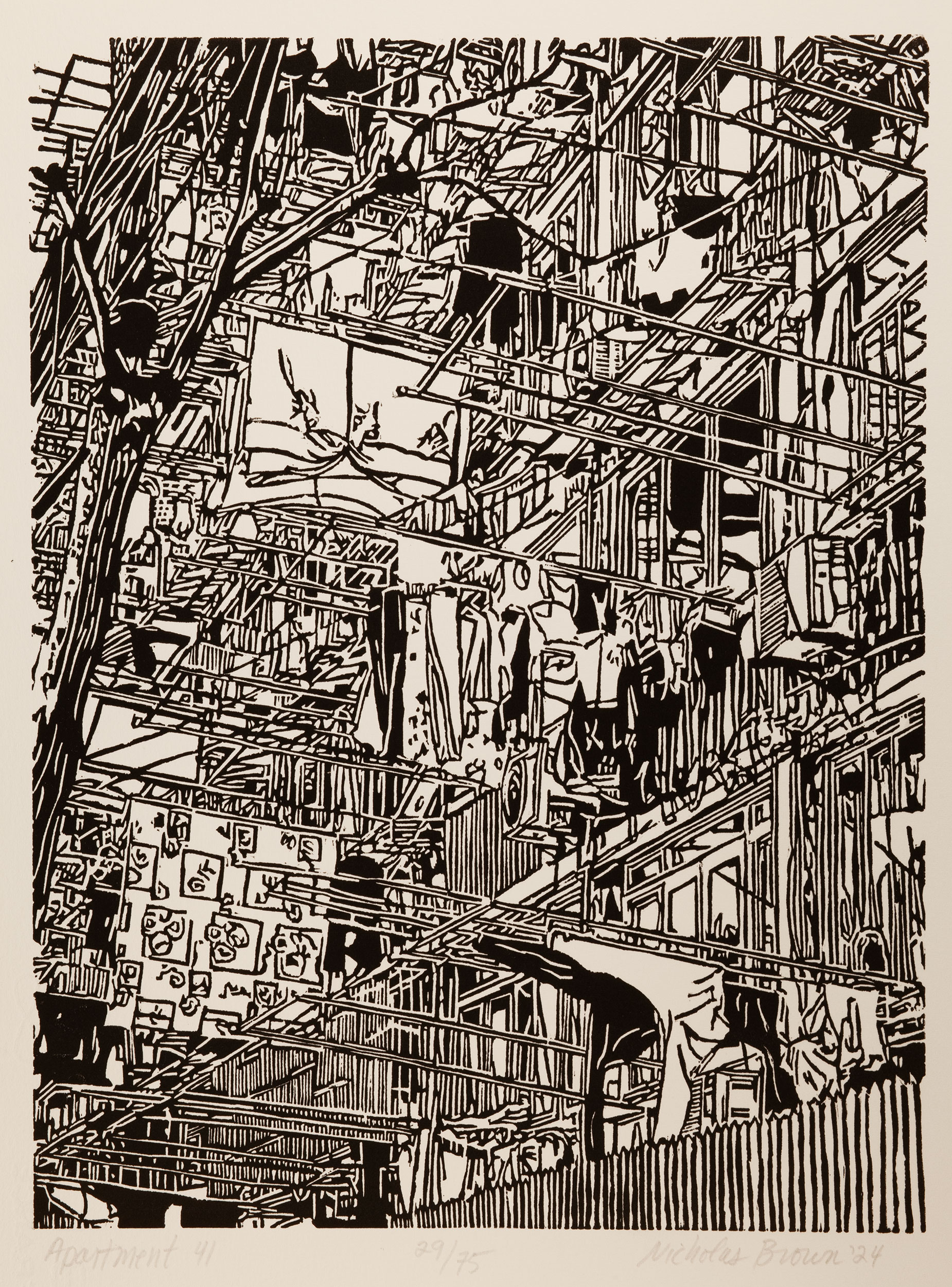 Apartment 41, a black and white linoleum block
print of an apartment building in Shanghai by artist Nicholas Brown.