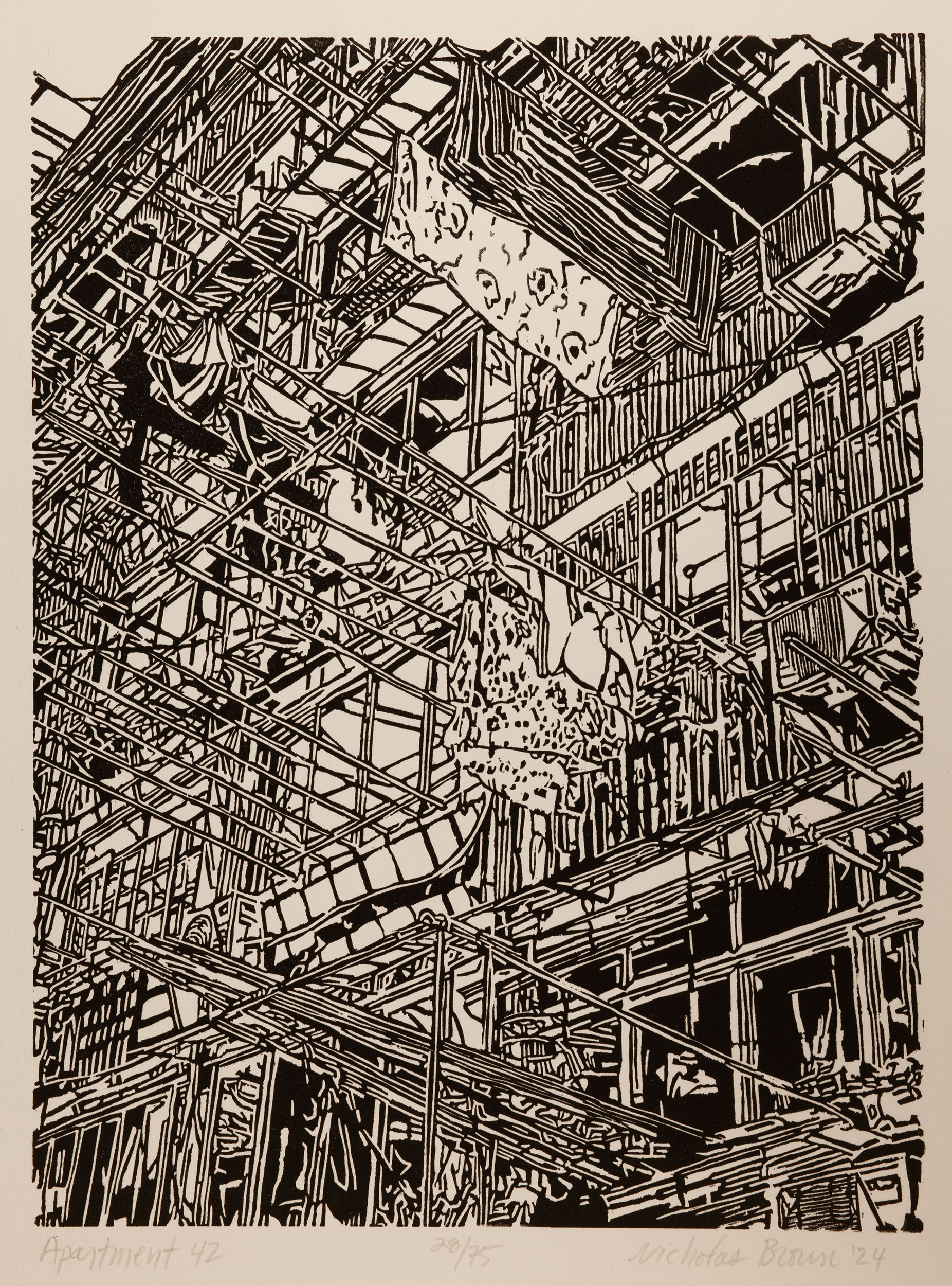 Apartment 42, a black and white linoleum block
print of an apartment building in Shanghai by artist Nicholas Brown.