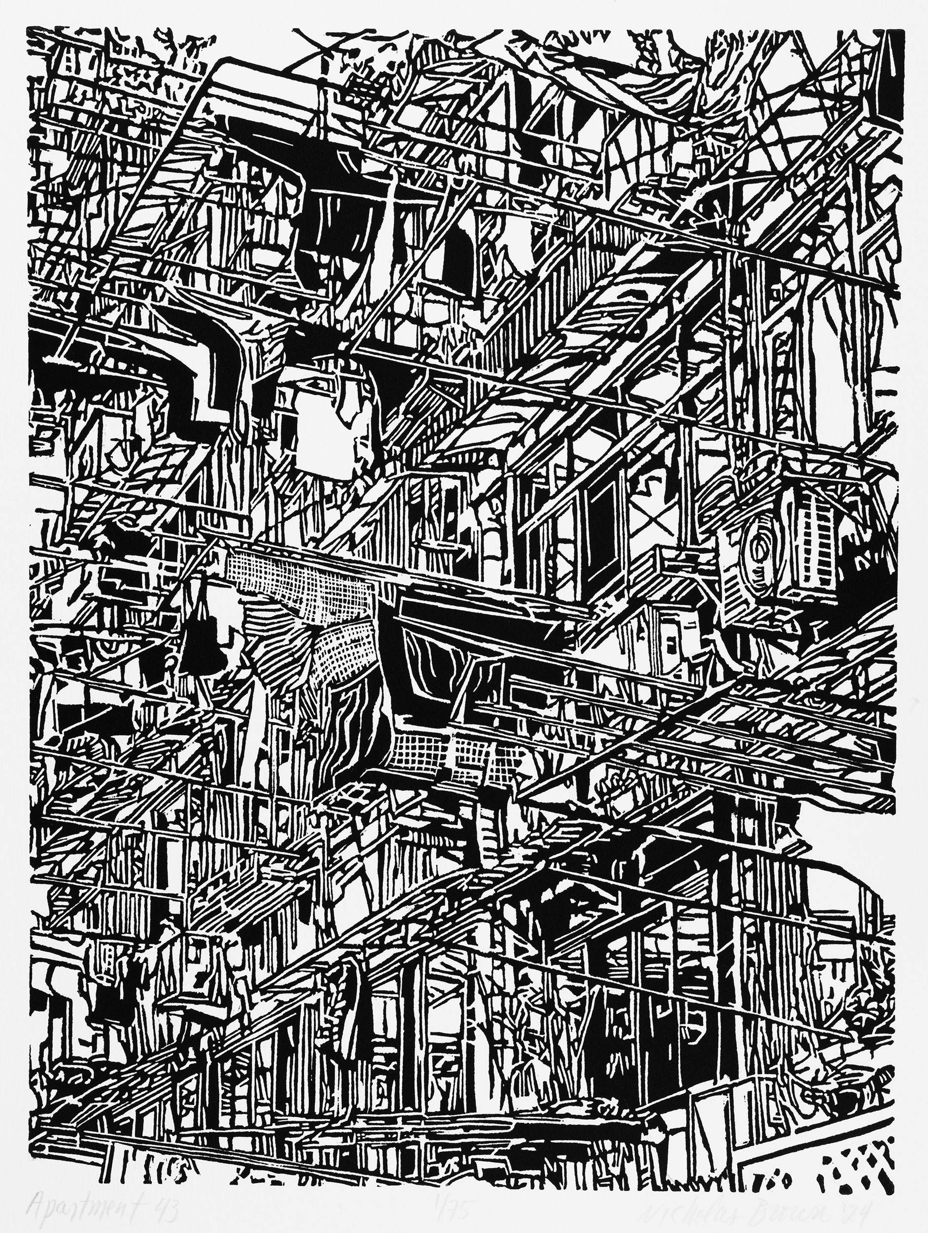 Apartment 43, a black and white linoleum block
print of an apartment building in Shanghai by artist Nicholas Brown.