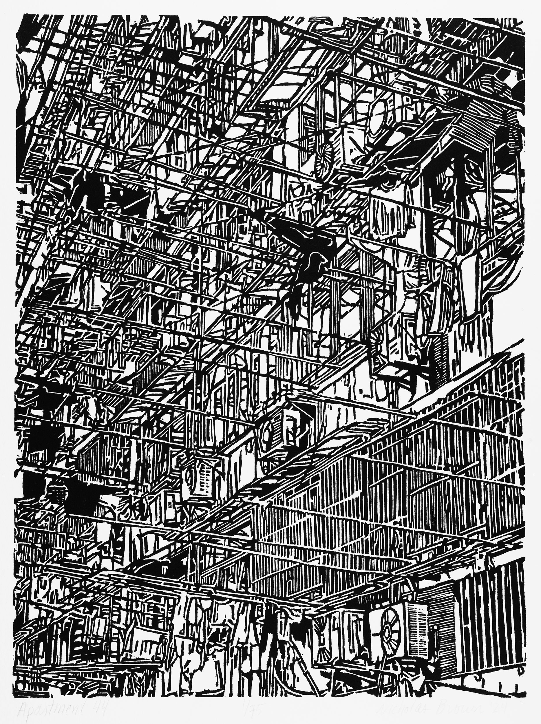Apartment 44, a black and white linoleum block
print of an apartment building in Shanghai by artist Nicholas Brown.