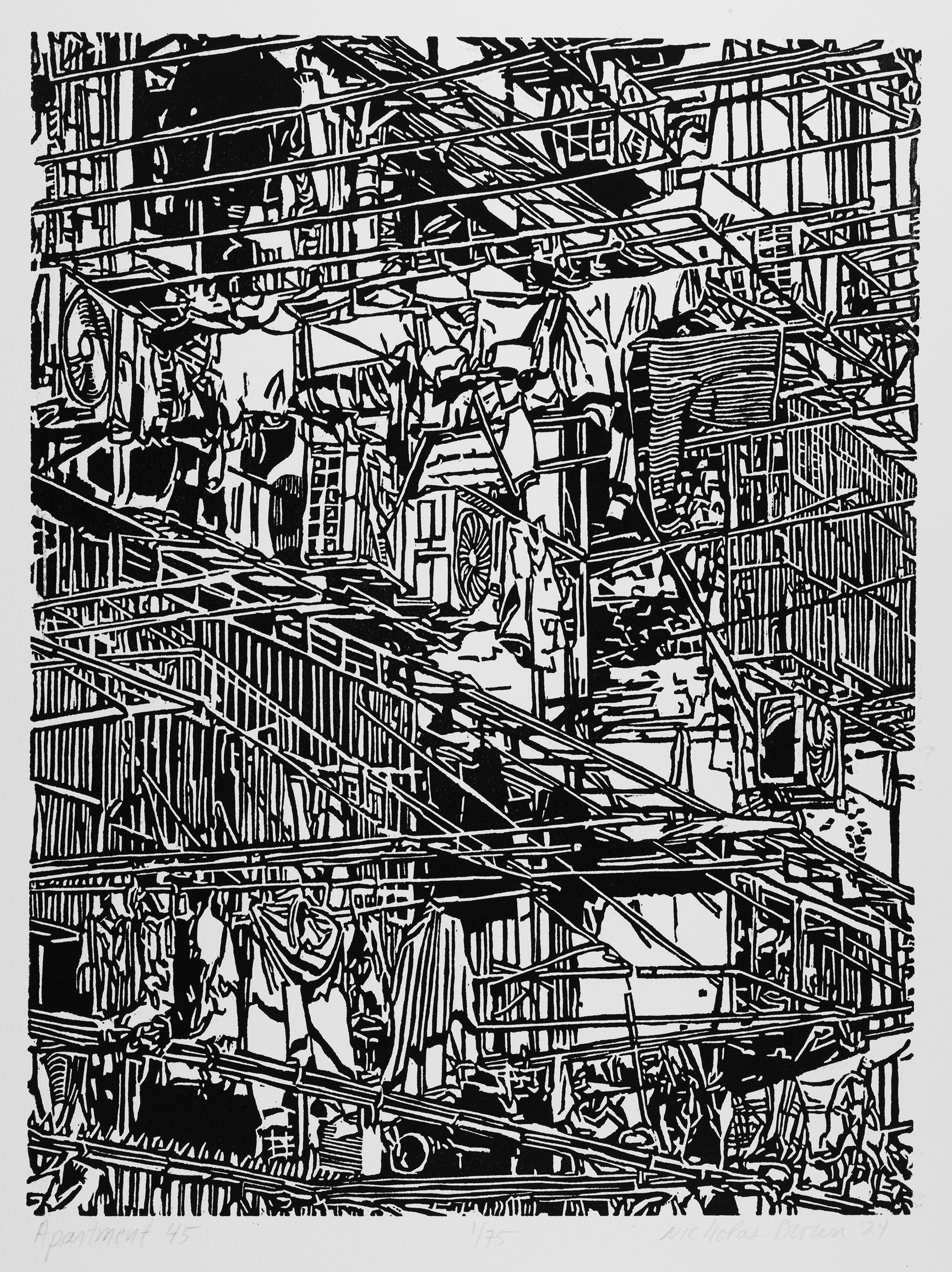 Apartment 45, a black and white linoleum block
print of an apartment building in Shanghai by artist Nicholas Brown.