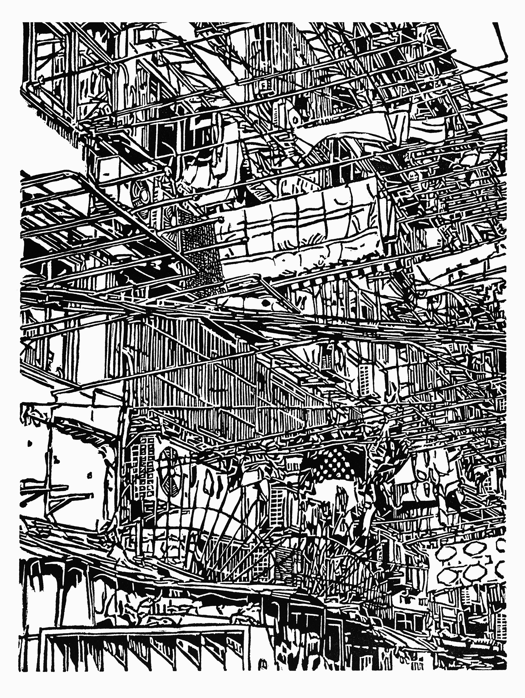 Apartment 46, a black and white linoleum block
print of an apartment building in Shanghai by artist Nicholas Brown.