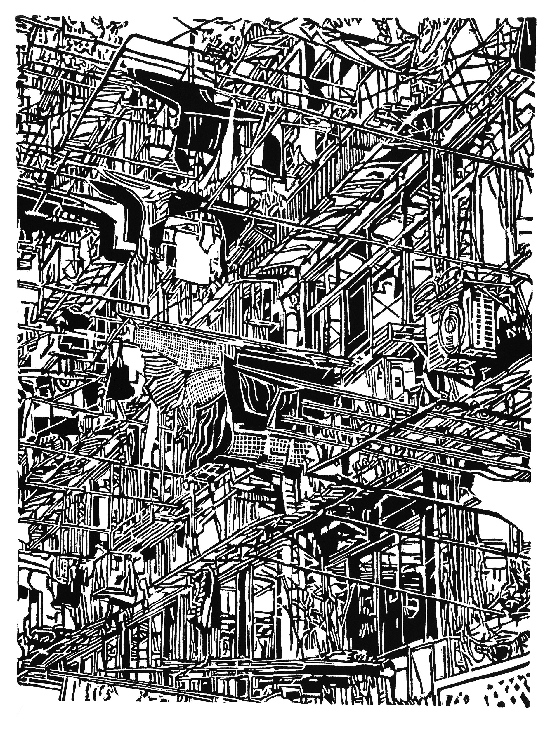 Apartment 43, a black and white linoleum block 
                print of an apartment building in Shanghai by artist Nicholas Brown.