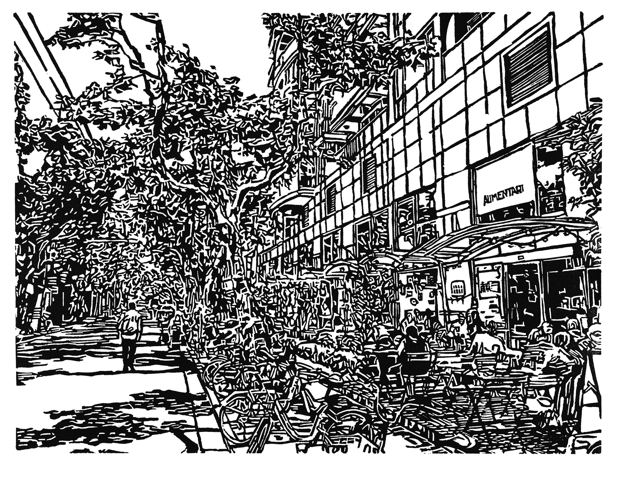 Afternoon on Anfu Lu, a black and white linoleum block 
                print of a scene on Anfu Road in Shanghai by artist Nicholas Brown.