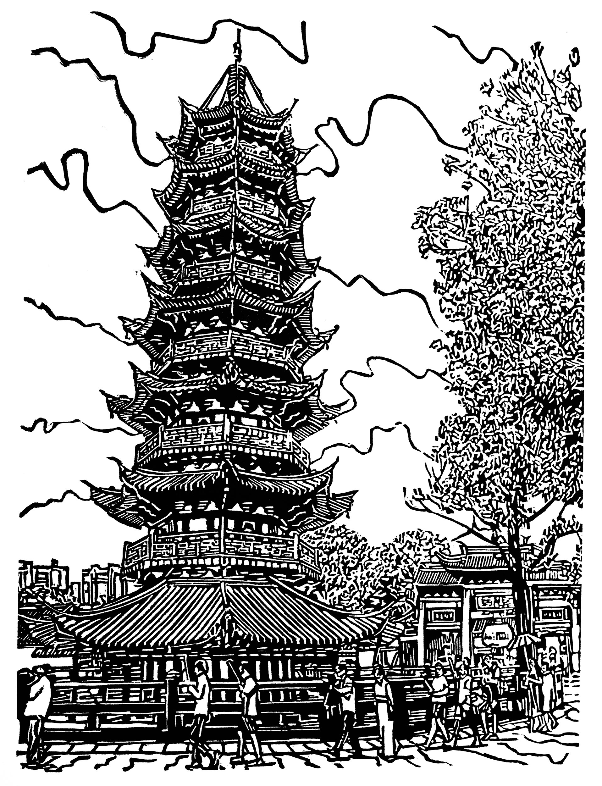 Longhua Pagoda, a black and white linoleum block 
                    print depicting the pagoda at Longhua Temple in Shanghai by artist Nicholas Brown.