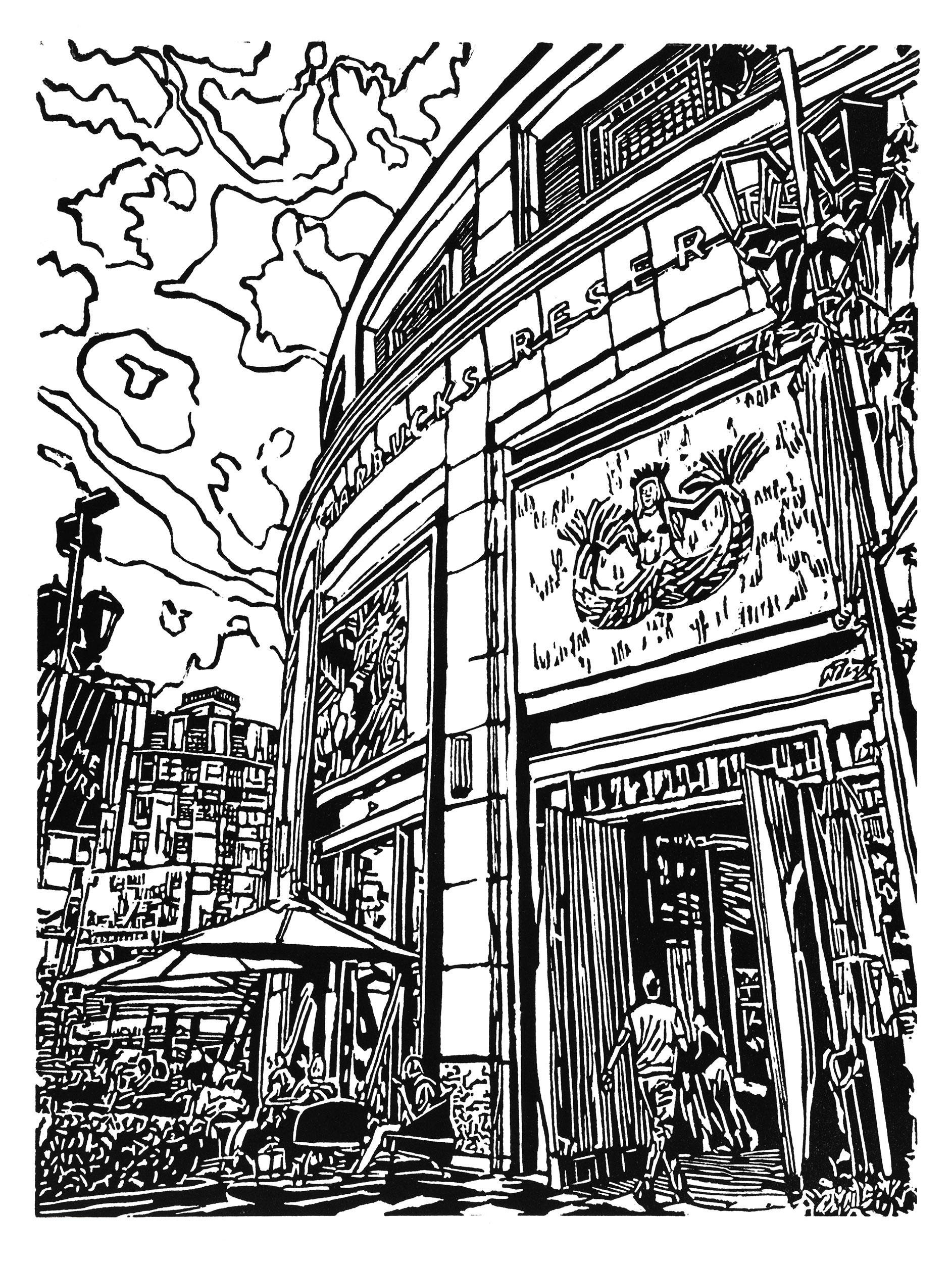 Shanghai Starbucks Roastery, a black and white linoleum block 
                print of the Starbucks Roastery in Shanghai by artist Nicholas Brown.