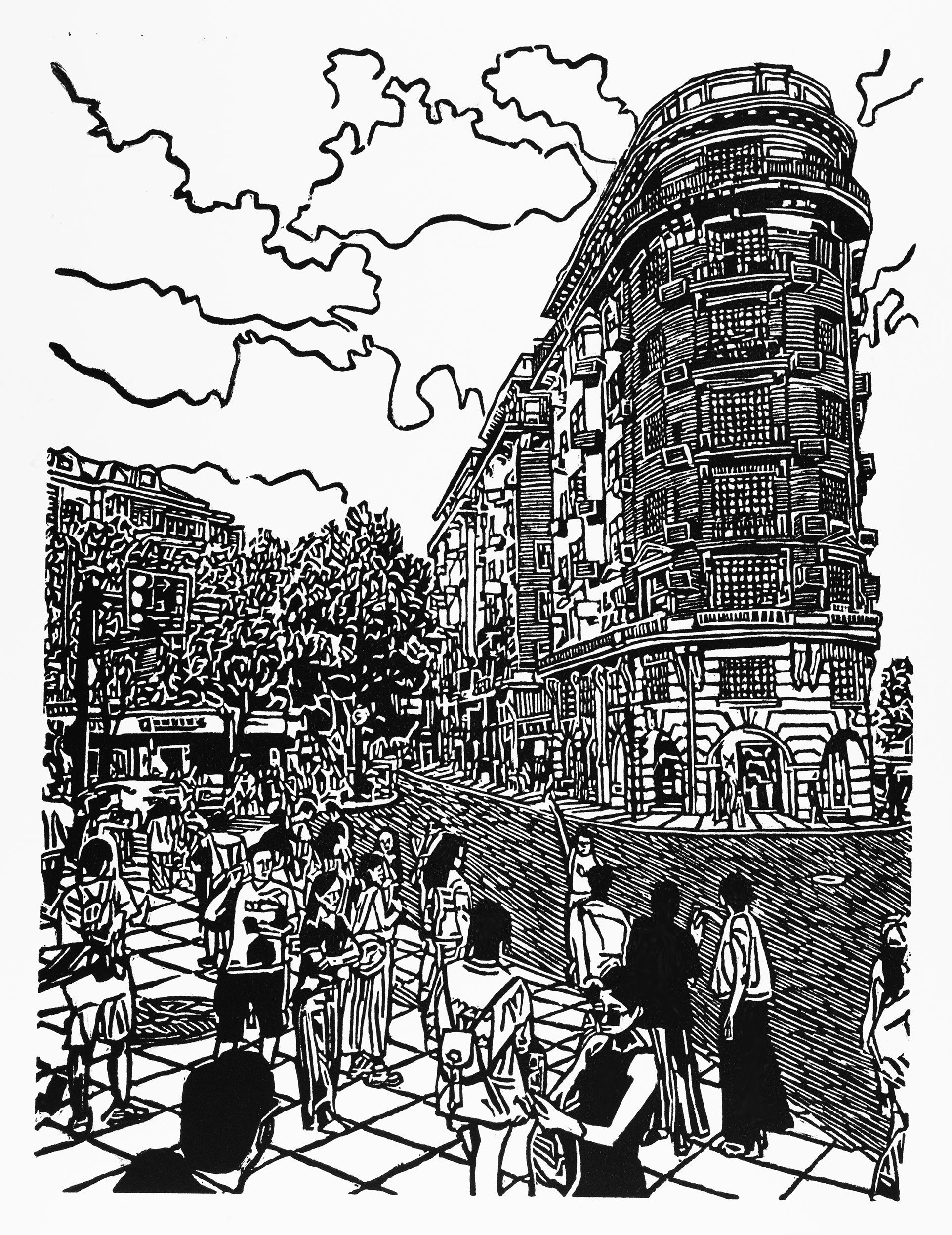 Wukang Moments, a black and white linoleum block 
                print of a scene in front of the Wukang Mansion / Normandie Apartments in Shanghai by artist Nicholas Brown.